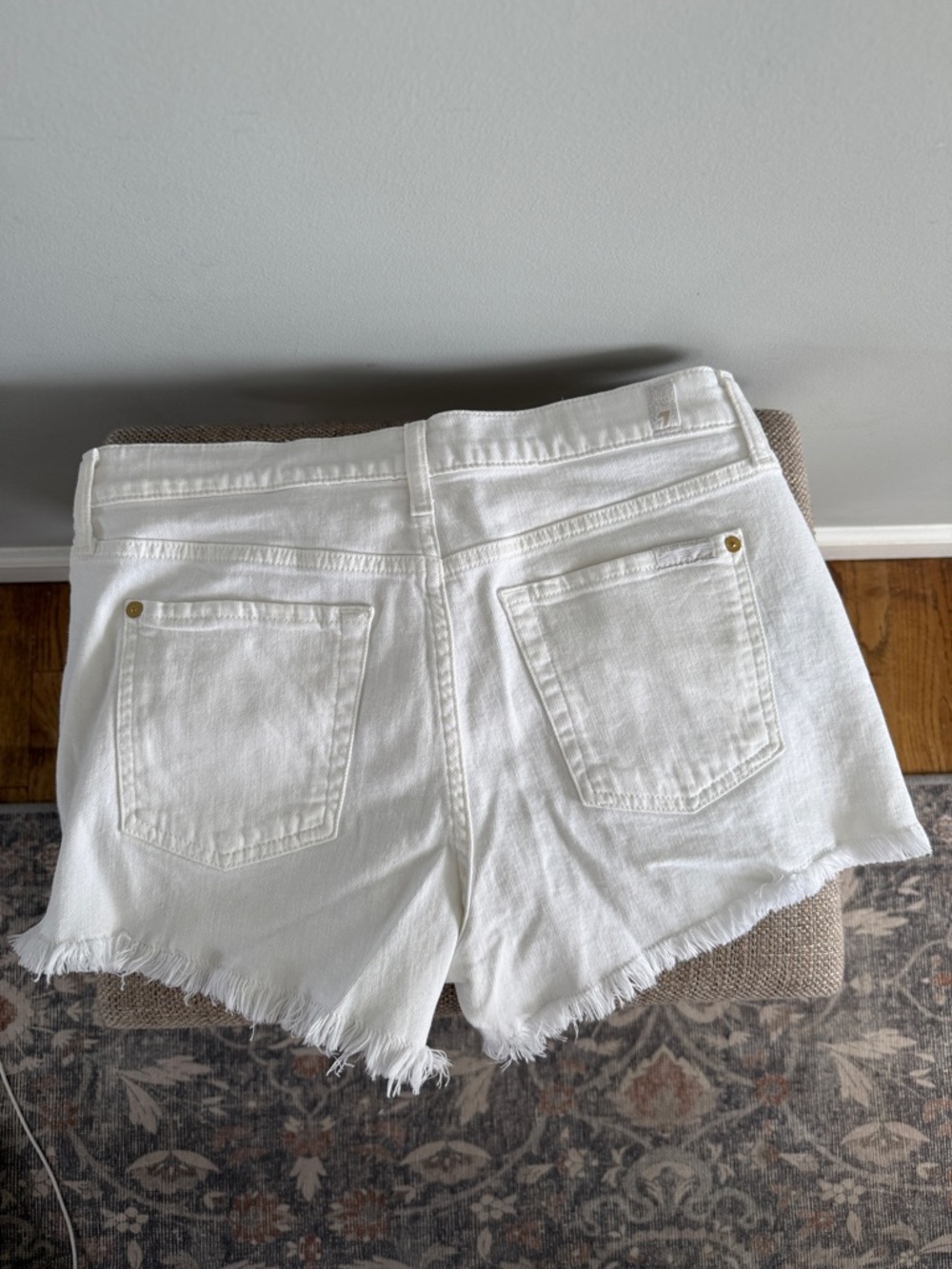 7 For All Mankind White Frayed Hem Denim Shorts with Gold Hardware - Picture 4 of 9